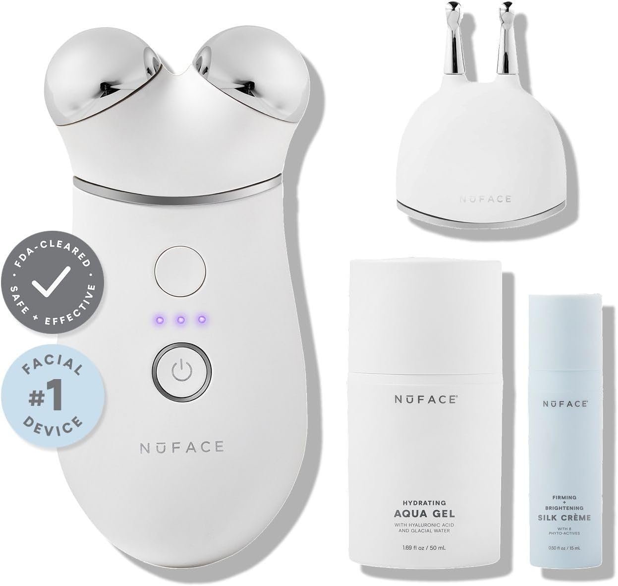 NuFACE TRINITY+ Microcurrent Facial Device + Effective Lip & Eye Attachment - FDA Cleared Skin Tightening & Face Toning Device for Targeted Treatment + Microcurrent Gel Activator, Silk Crème & Brush