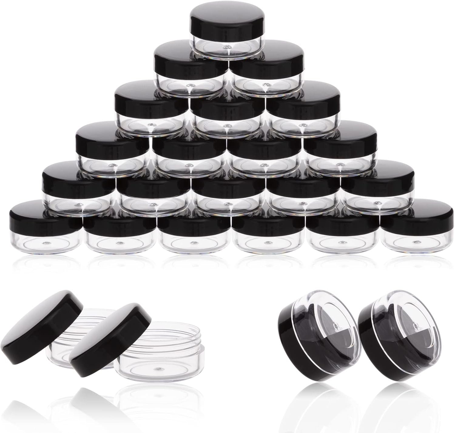 ZEJIA 3 Gram Sample Containers with Lids, 50 Count Tiny Sample Jars, 3ML Makeup Cosmetic Containers for Lip Balms, Lotion, Powder, Beauty Products(Black Lids)