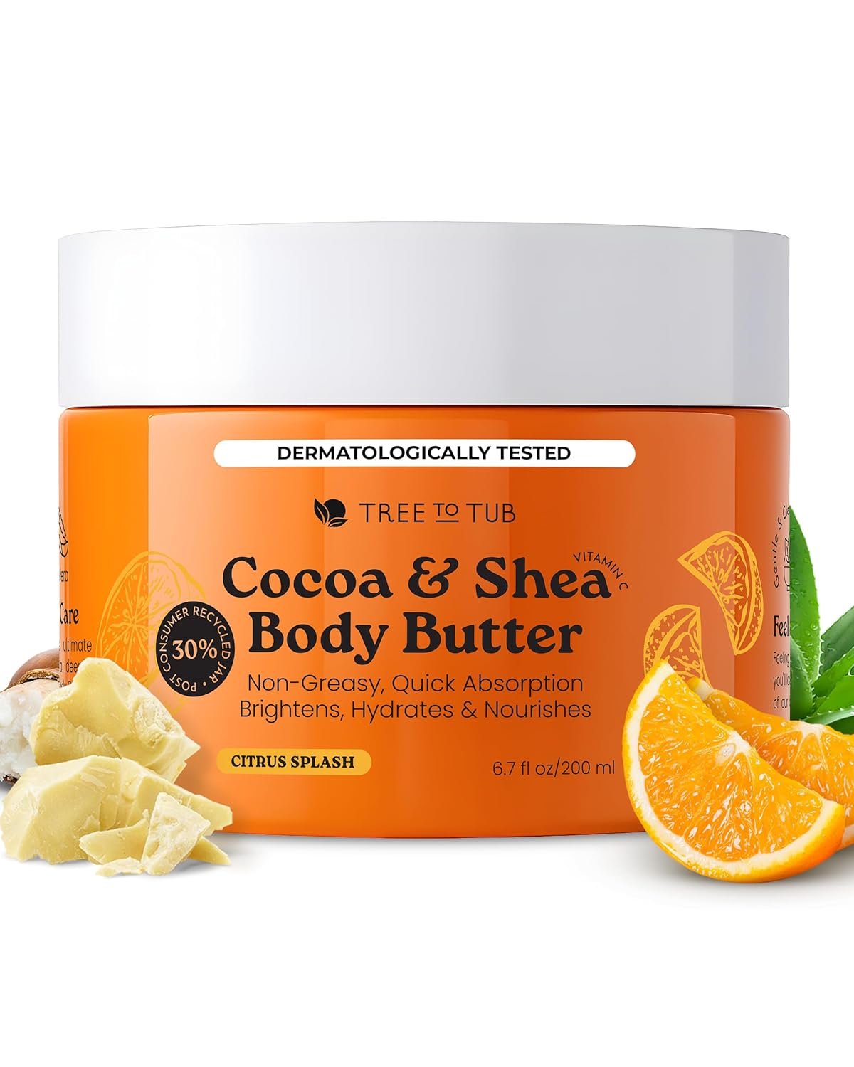 Tree To Tub Shea Body Butter for Dry, Extremely Dry, Sensitive Skin - Moisturizing Body Cream for Women & Men, Hydrating Body Lotion Moisturizer w/Vitamin C, Organic Cocoa, Citrus Scent