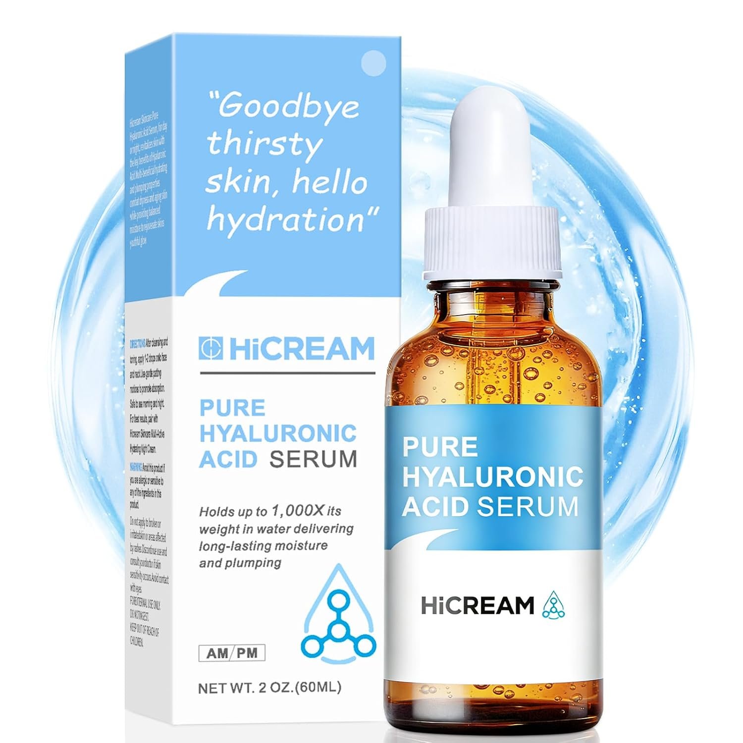 Hicream Hyaluronic Acid Serum for Face, Brightening Serum - Even Skin Tone&100% Pure Anti Aging, Intense Hydrating Moisturizer, Non-Greasy, Paraben-Free, Water-Based Skincare for All Skin Types (2 Oz)