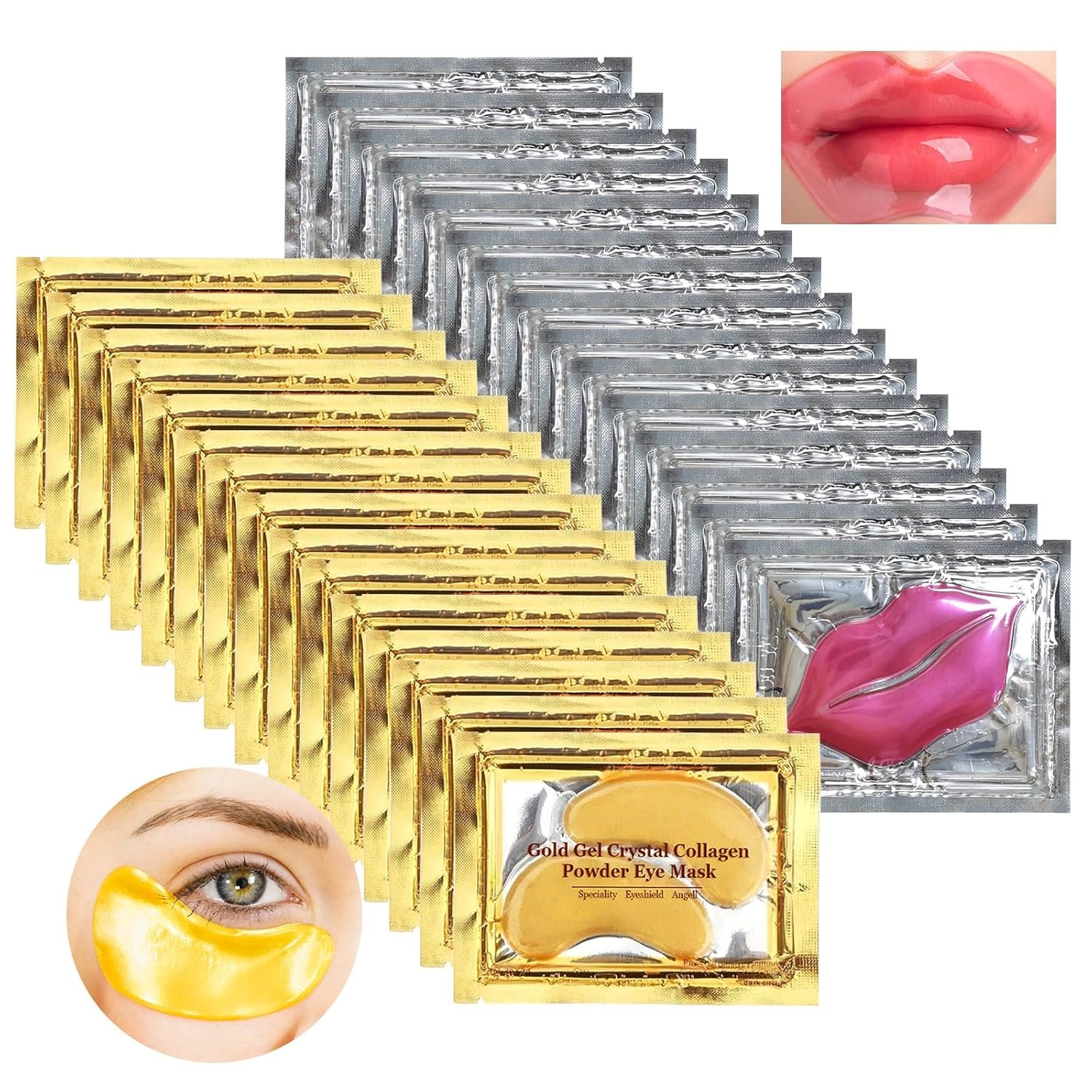 Permotary 30 Pairs 24K Gold Eye Masks & Lip Mask, Under Eye Patches and Lip Pads,Collagen Crystal Mask Set for Puffy Eyes, Dark Circles, Lip Mask Skincare for Teacher Appreciation Gifts