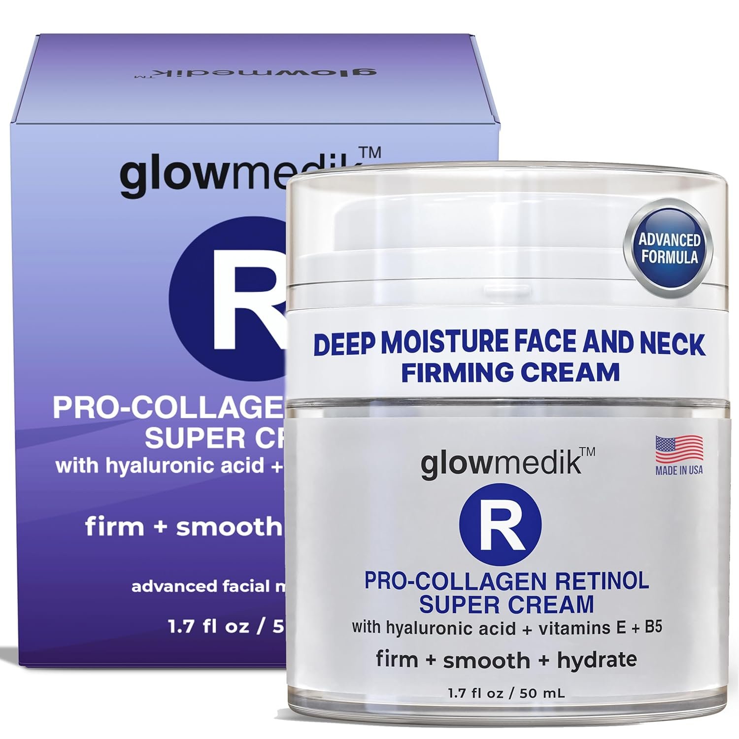 Glowmedik Retinol Cream for Face – Anti-Aging Moisturizer for Aging Skin & Deep Wrinkles – Anti-Wrinkle Formula with Collagen & Hyaluronic Acid – Night Cream for Women & Men – Made in USA – 1.7 fl oz